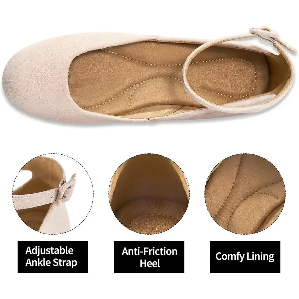 HARENCE Ballet Flats Shoes for Women: Comfortable Round Toe Ankle Strap Slip on - Picture 2 of 5